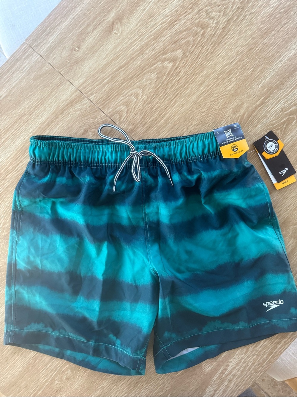 Speedo Men’s Teal and Dark Green Striped Swim Trunks